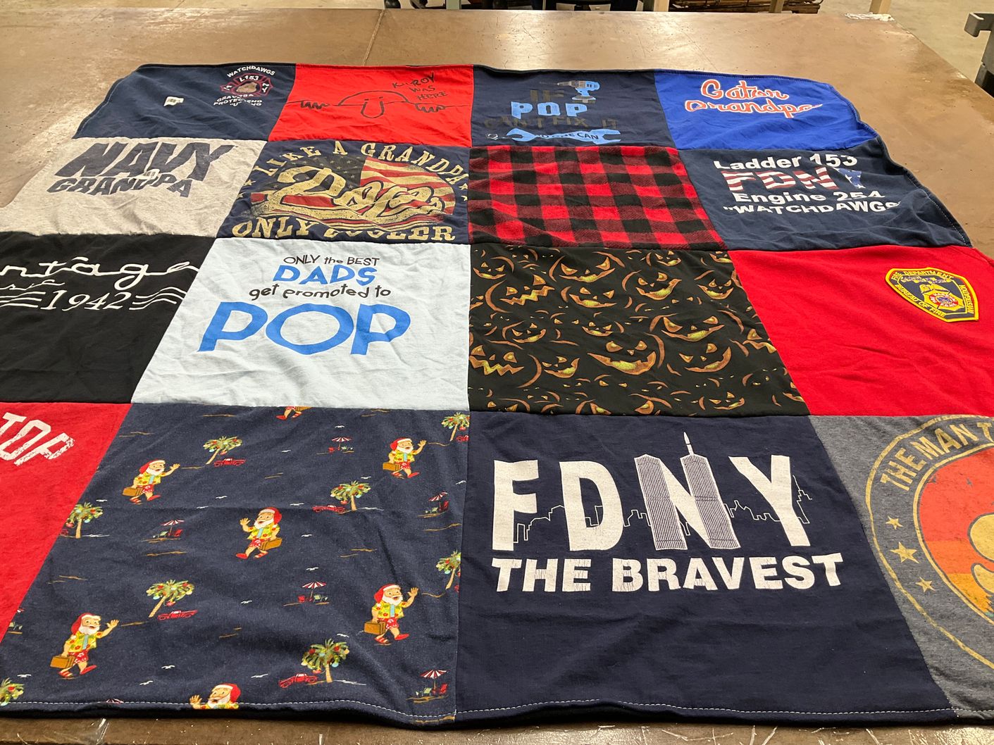 T-shirt quilt with firefighting, family themes by Madelyn from FL