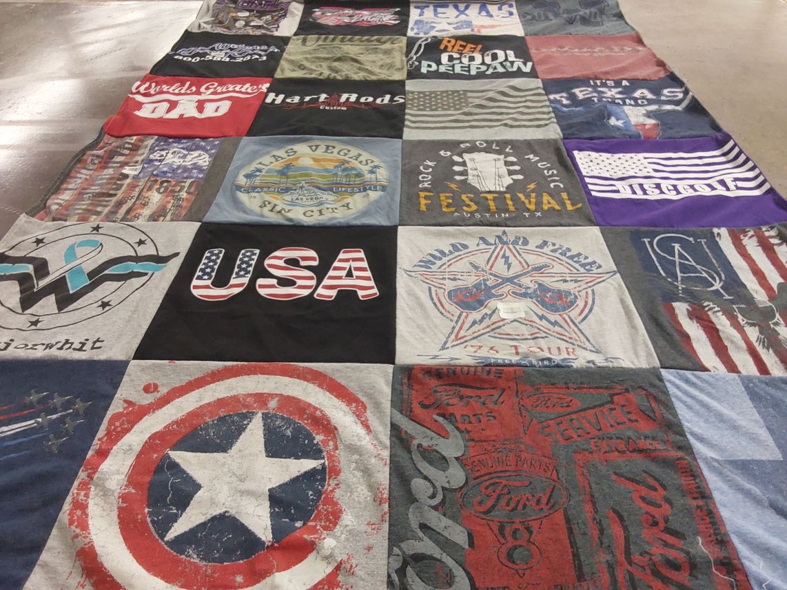 T-shirt quilt with music, automobiles themes by JUDY from TX
