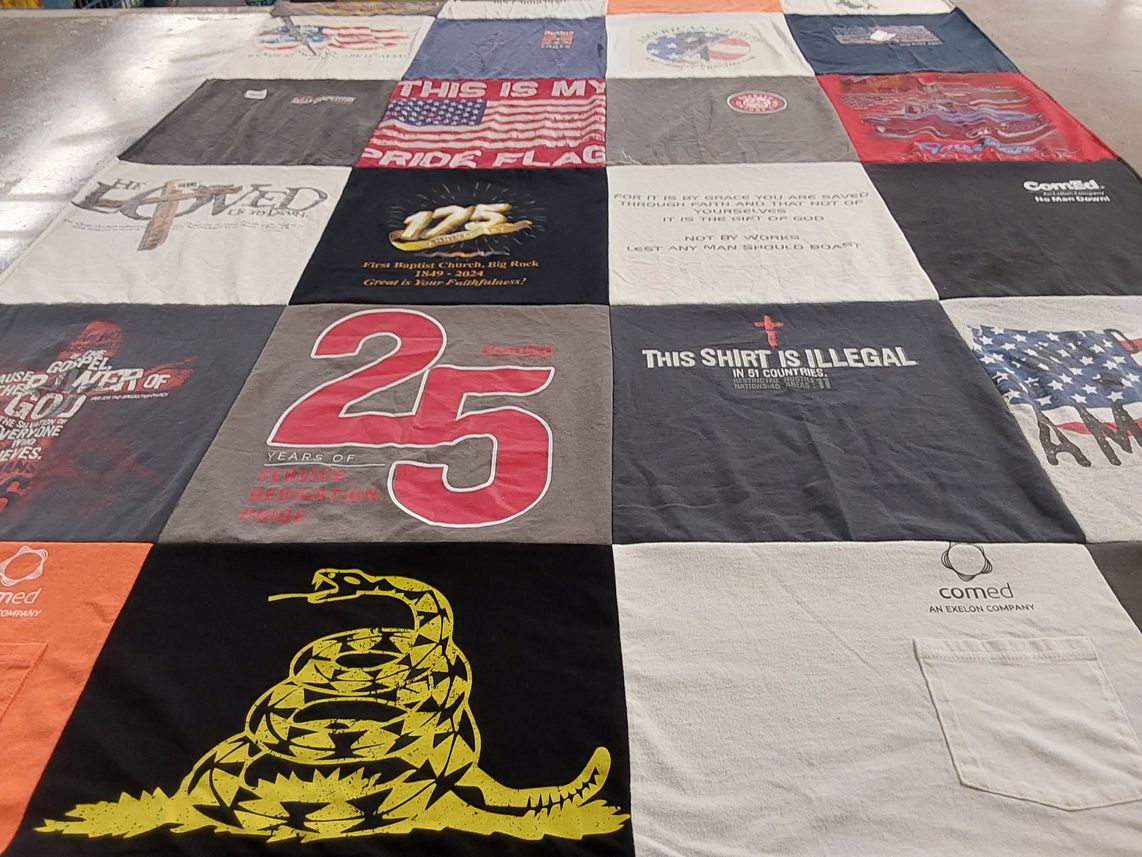 T-shirt quilt with religion, patriotism themes by Mary from IL