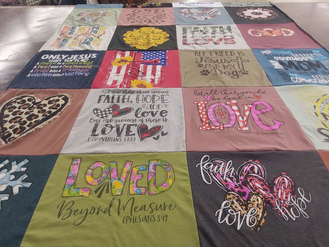 T-shirt quilt with faith, hope themes by Kathy from TX