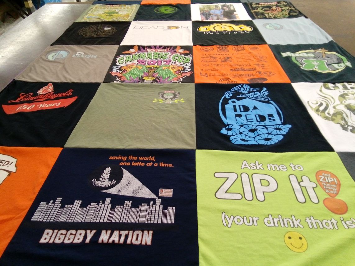 T-shirt quilt with cannabis, coffee themes by Alisha from MI