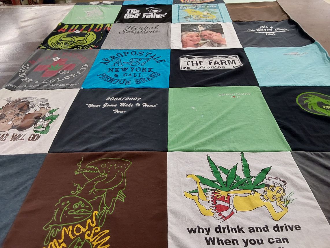 T-shirt quilt with cannabis, family themes by Alisha from MI