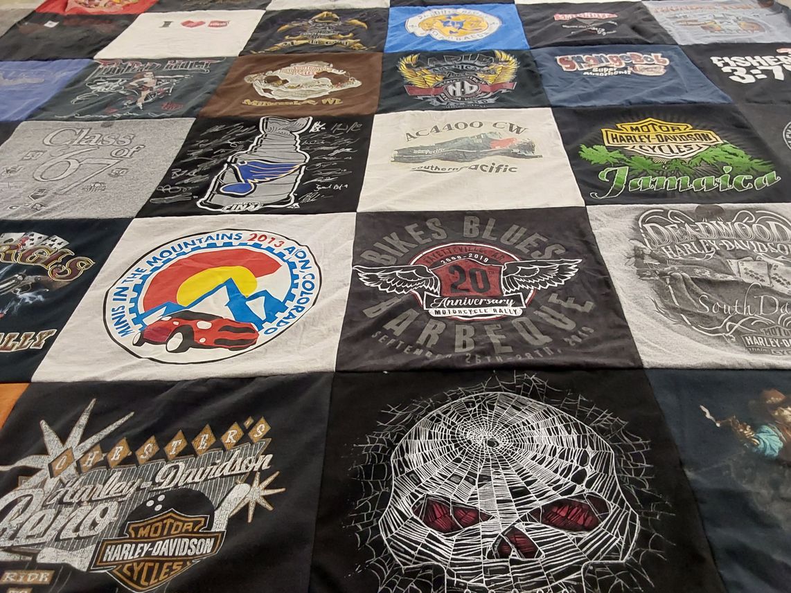 T-shirt quilt with motorcycles, hiking themes by Ron from MO