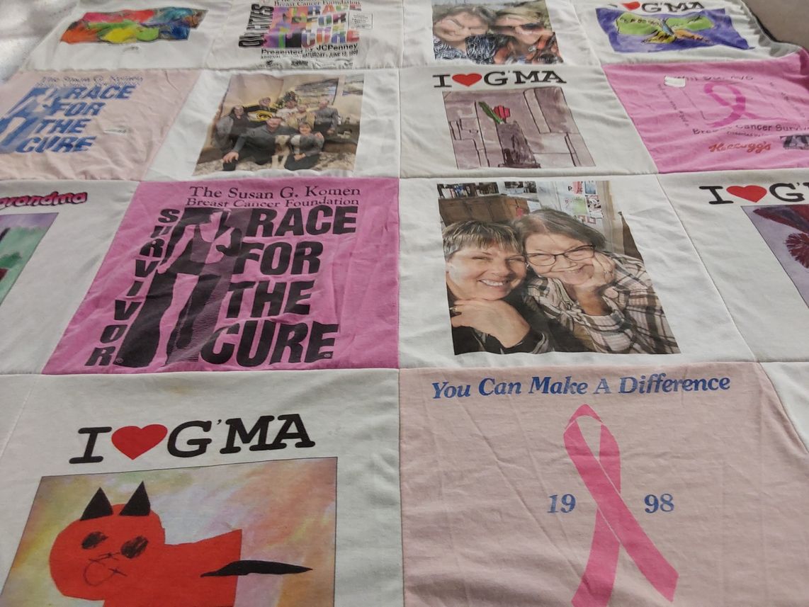 T-shirt quilt with breast cancer awareness, family themes by GARY from IA