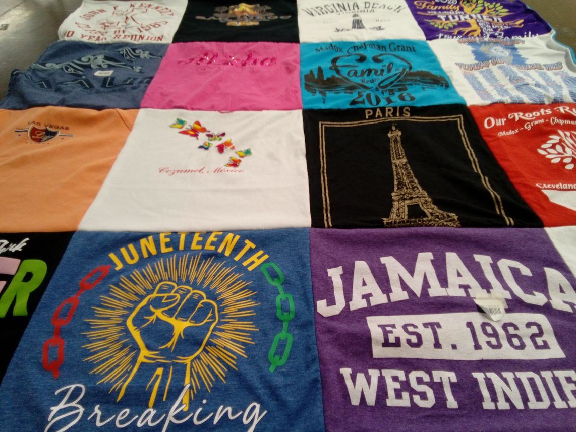 T-shirt quilt with family reunions, travel themes by Alyce from OH