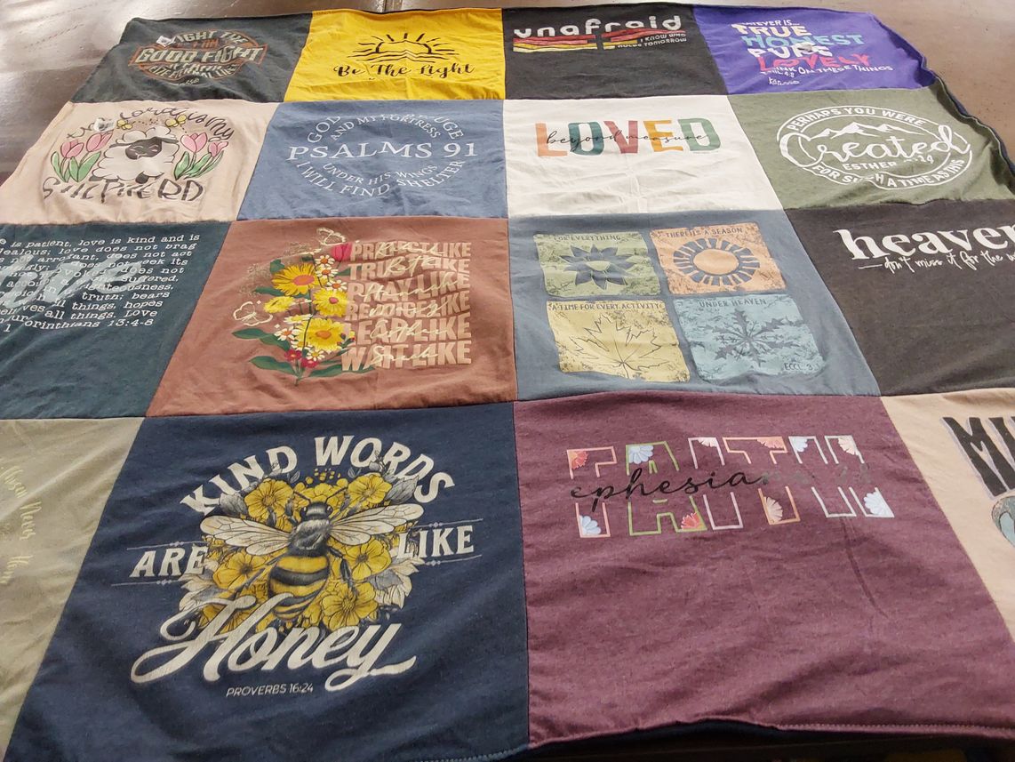 T-shirt quilt with faith, comfort themes by Peggy from OK