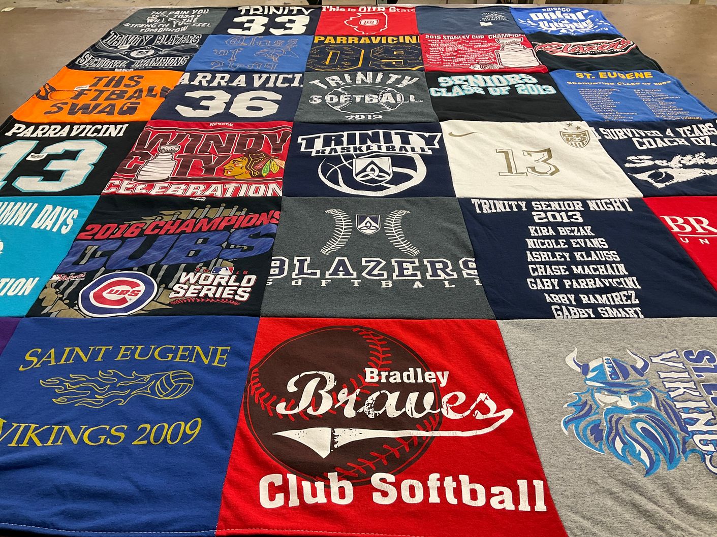 T-shirt quilt featuring bradley braves, trinity blazers by Maria from IL