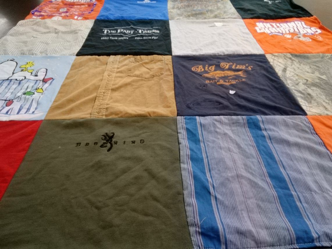 T-shirt quilt with fishing, outdoors themes by Susan from SC