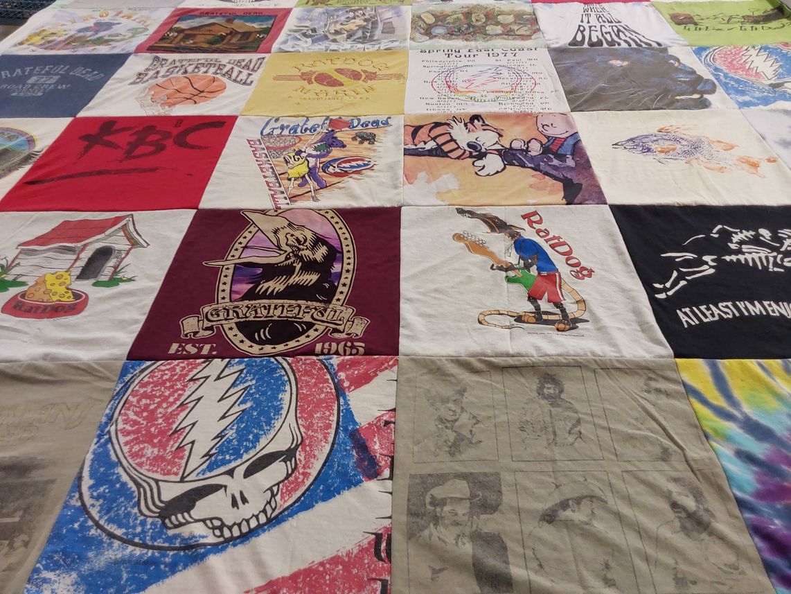 T-shirt quilt with music, basketball themes by Jeanette from FL