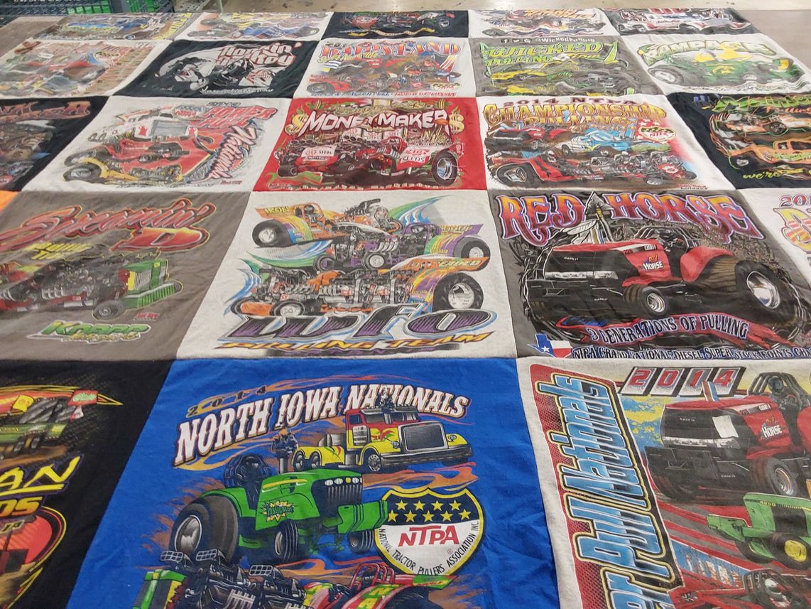 T-shirt quilt with motorsports, vehicle pulling themes by Peter from SD