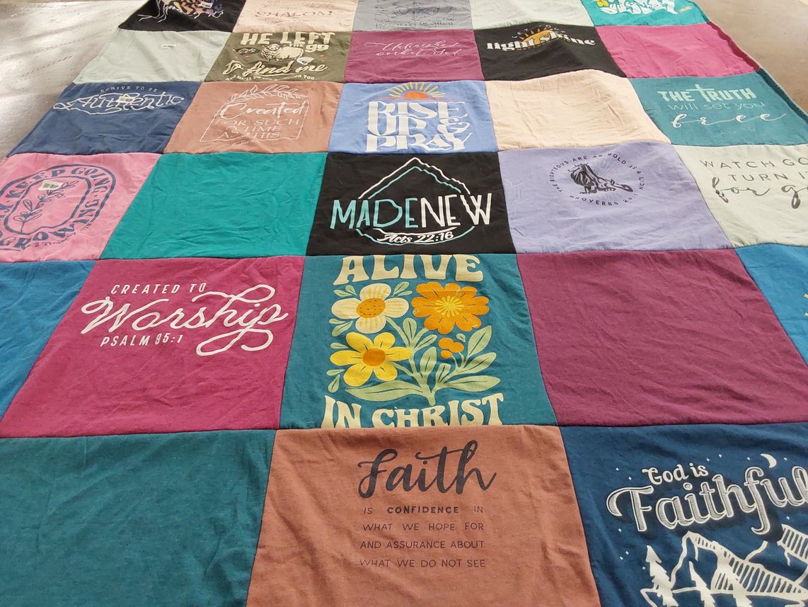 T-shirt quilt with spirituality, religion themes by Theresa from NY