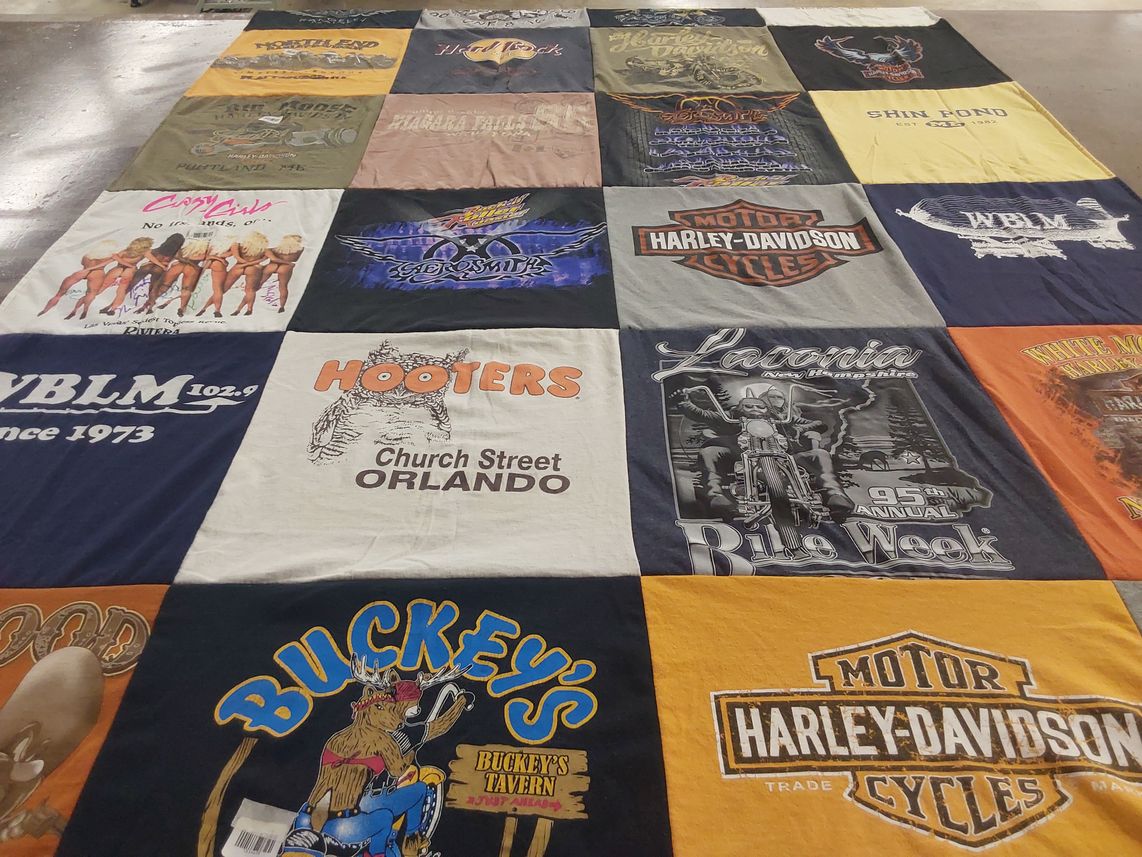 T-shirt quilt with motorcycles, biking themes by Carleton from ME