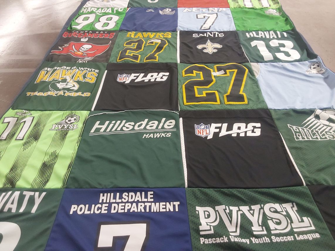 T-shirt quilt featuring hillsdale hawks, tampa bay buccaneers by Vanessa from NJ