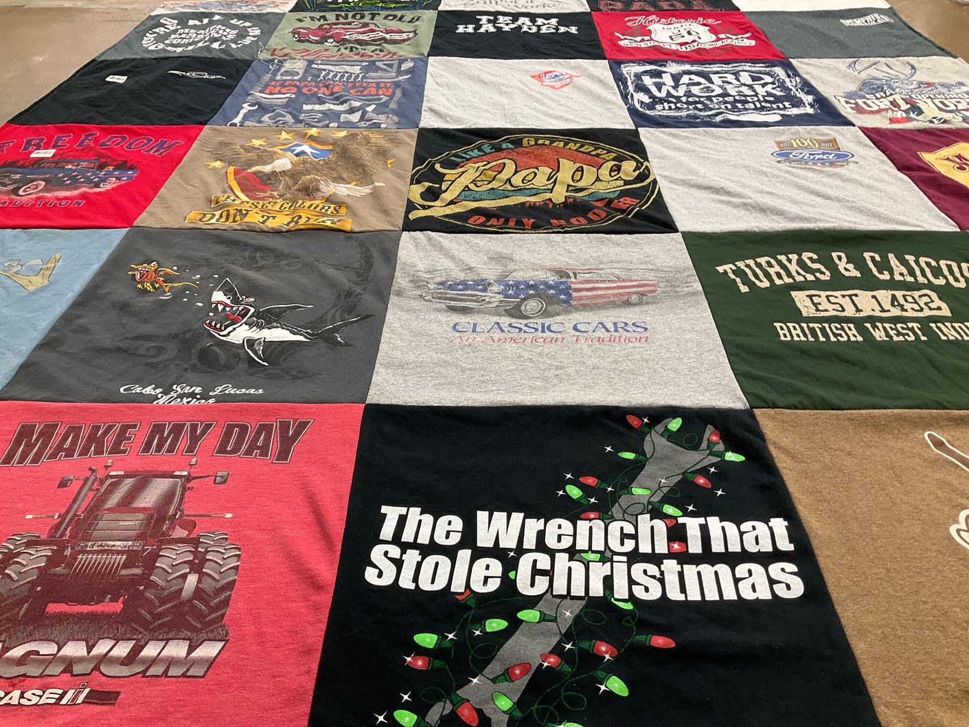 T-shirt quilt with cars, farming themes by Tammye from TX