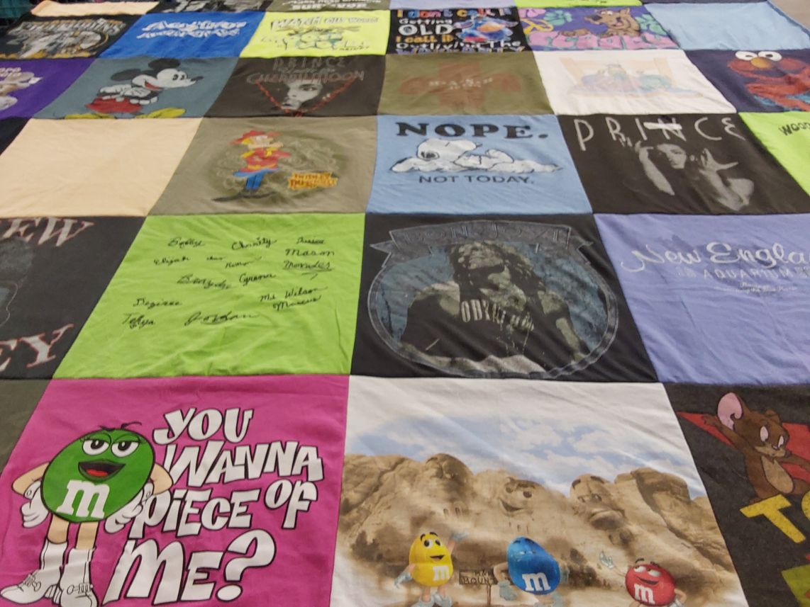 T-shirt quilt with pop culture, animation themes by Linda from ME