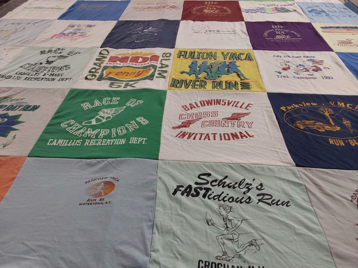 T-shirt quilt with running, fitness themes by Julie from MD