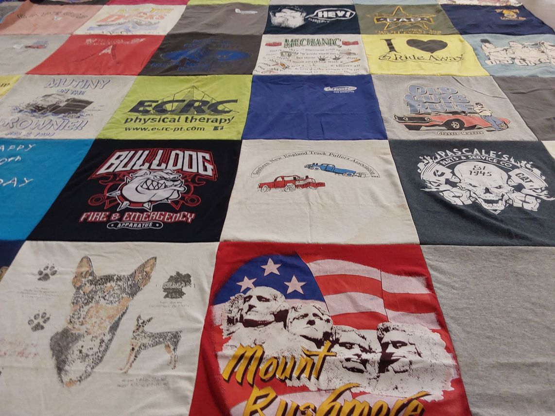 T-shirt quilt with firefighting, mechanics themes by Diana from CT