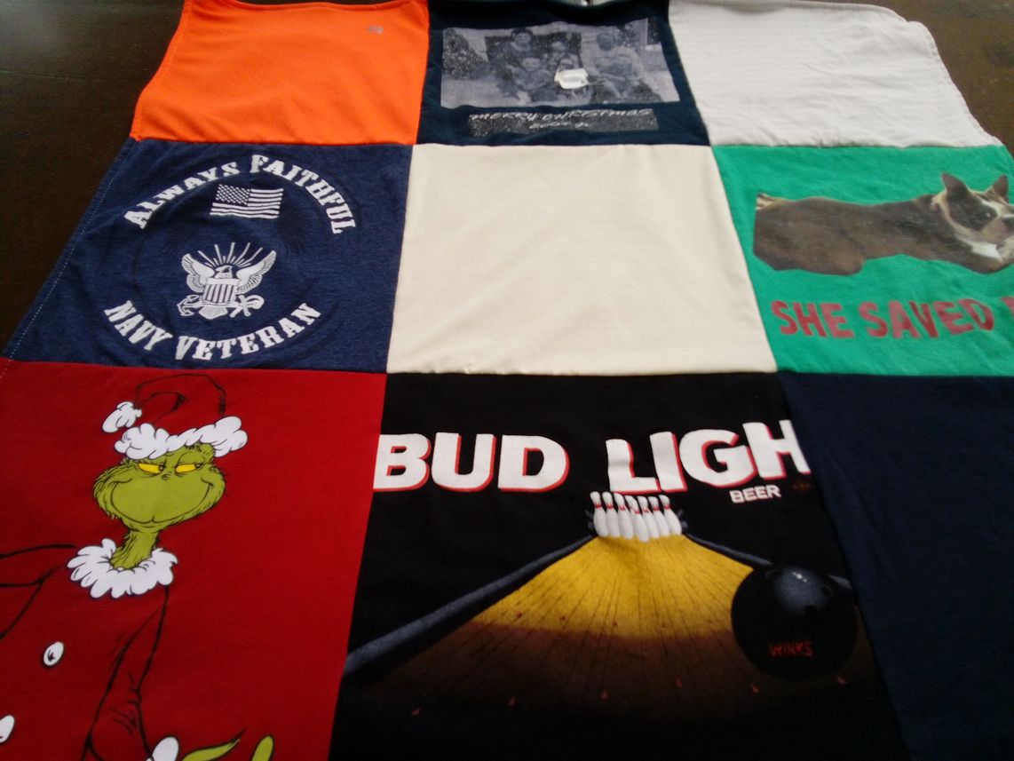 T-shirt quilt with veterans, beverages themes by Bobbie from MN