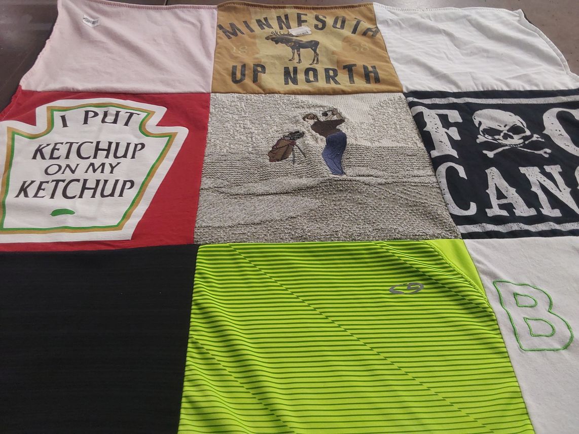 T-shirt quilt with cooking, outdoors themes by Bobbie from MN