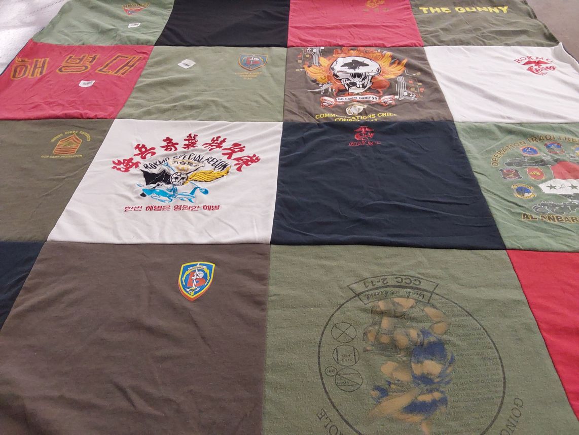 T-shirt quilt with military history, marine corps themes by Stephanie from OK