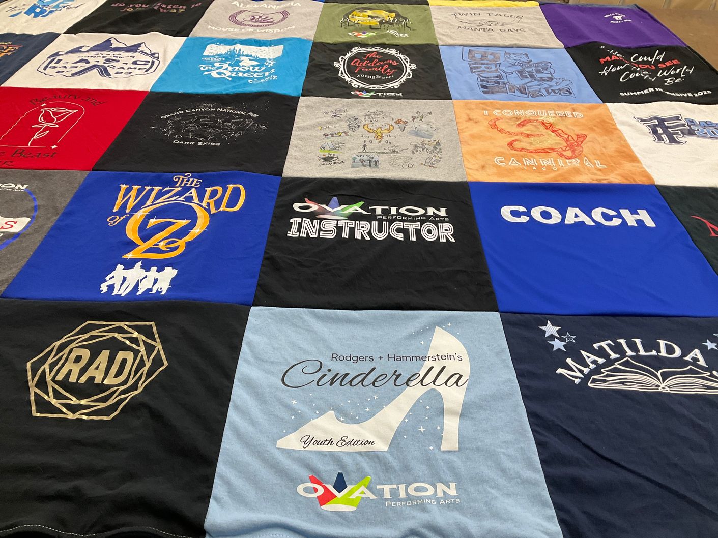 T-shirt quilt with theater, performing arts themes by Mandy from ID