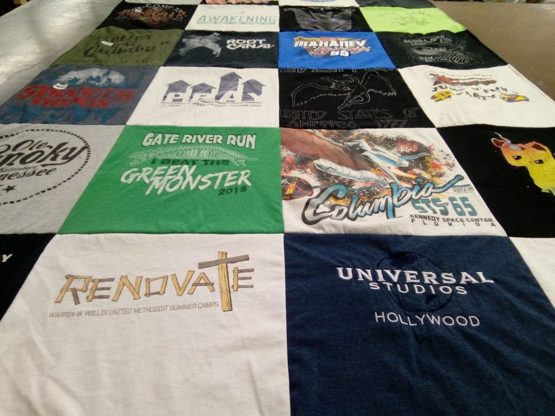 T-shirt quilt with camping, movies themes by chelsey from FL