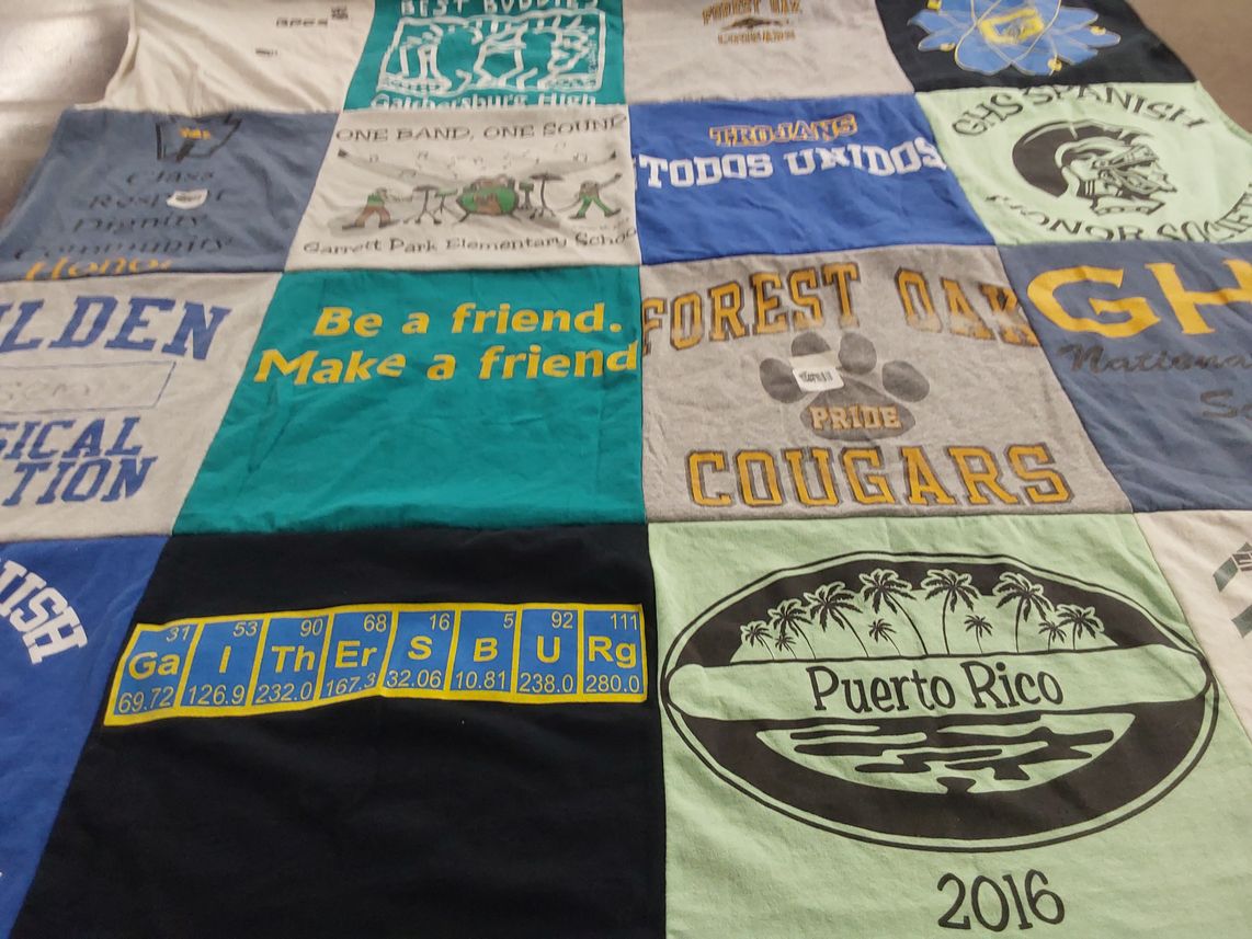 T-shirt quilt featuring forest oak cougars, gaithersburg trojans by Arwa from MD