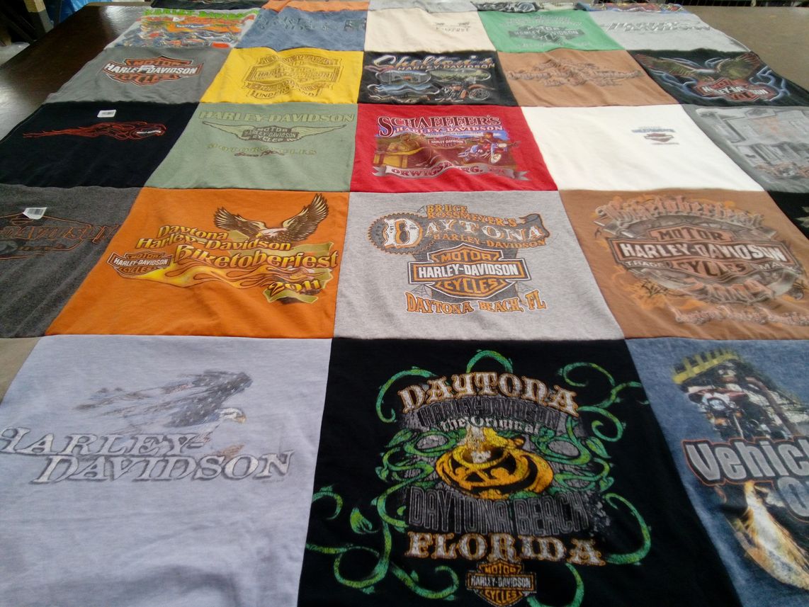 T-shirt quilt with motorcycles, biking themes by Debbie from FL