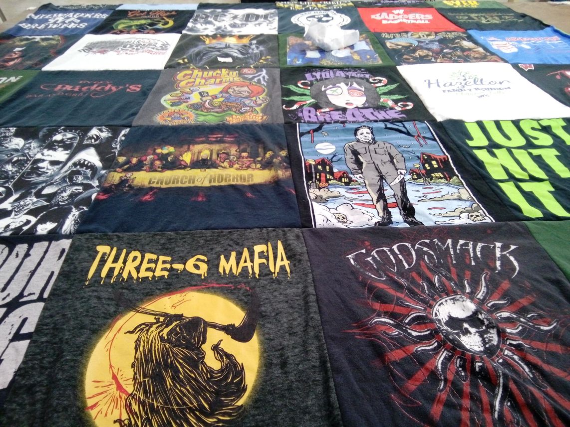 T-shirt quilt with music, horror films themes by Me from WI