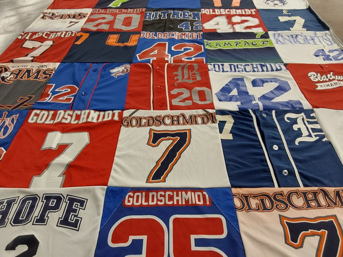 T-shirt quilt with sports, baseball themes by Vinese from NJ