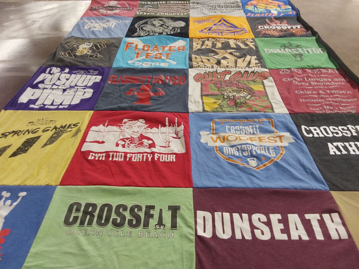 T-shirt quilt with fitness, exercise themes by Lauren from MO