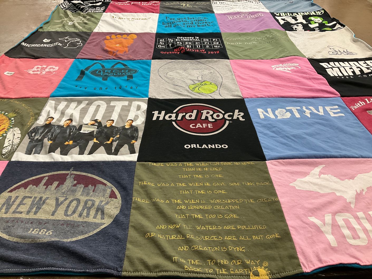 T-shirt quilt with music, travel themes by Sarah from MI