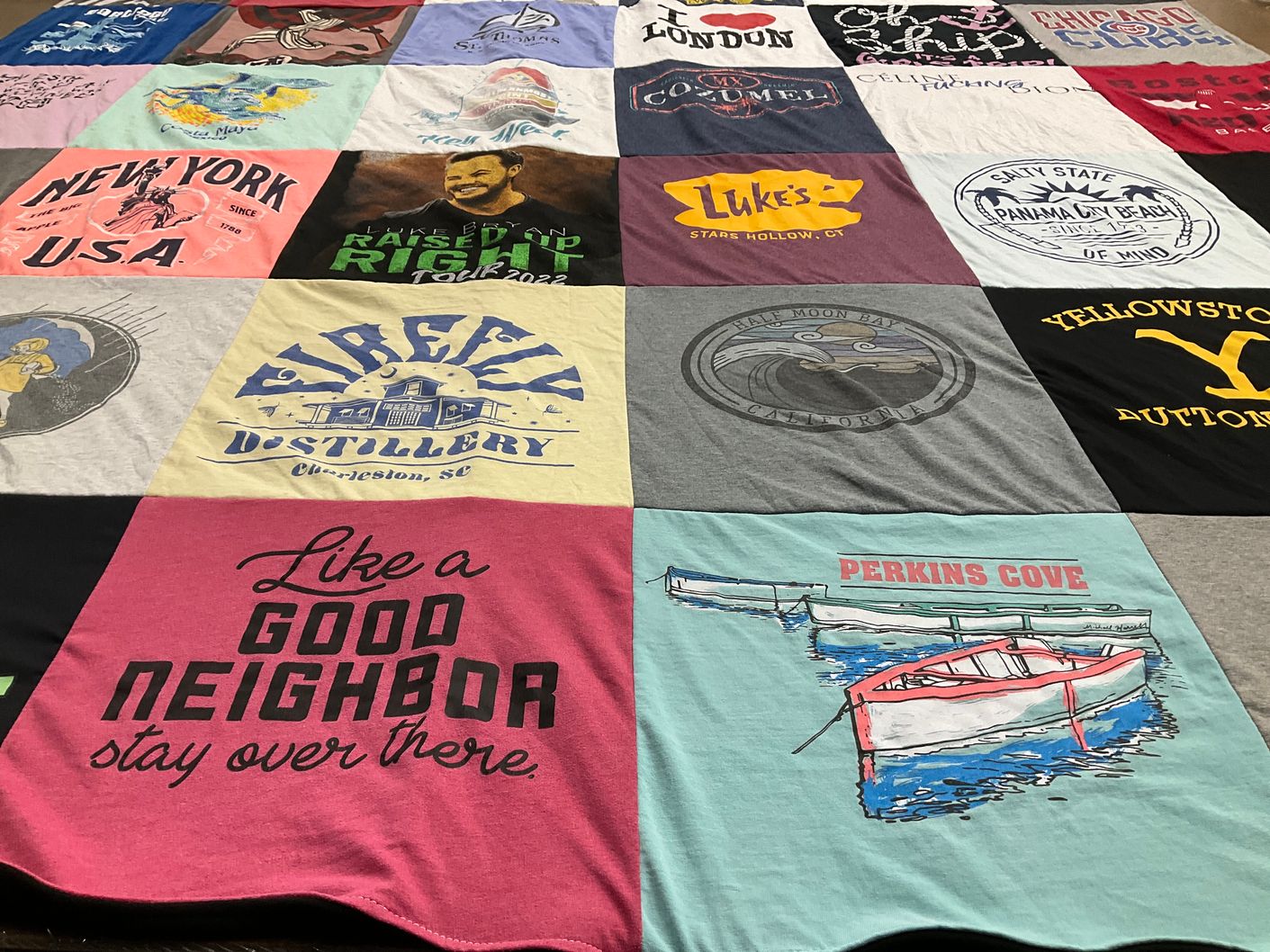 T-shirt quilt with travel, distilleries themes by Morgan from GA