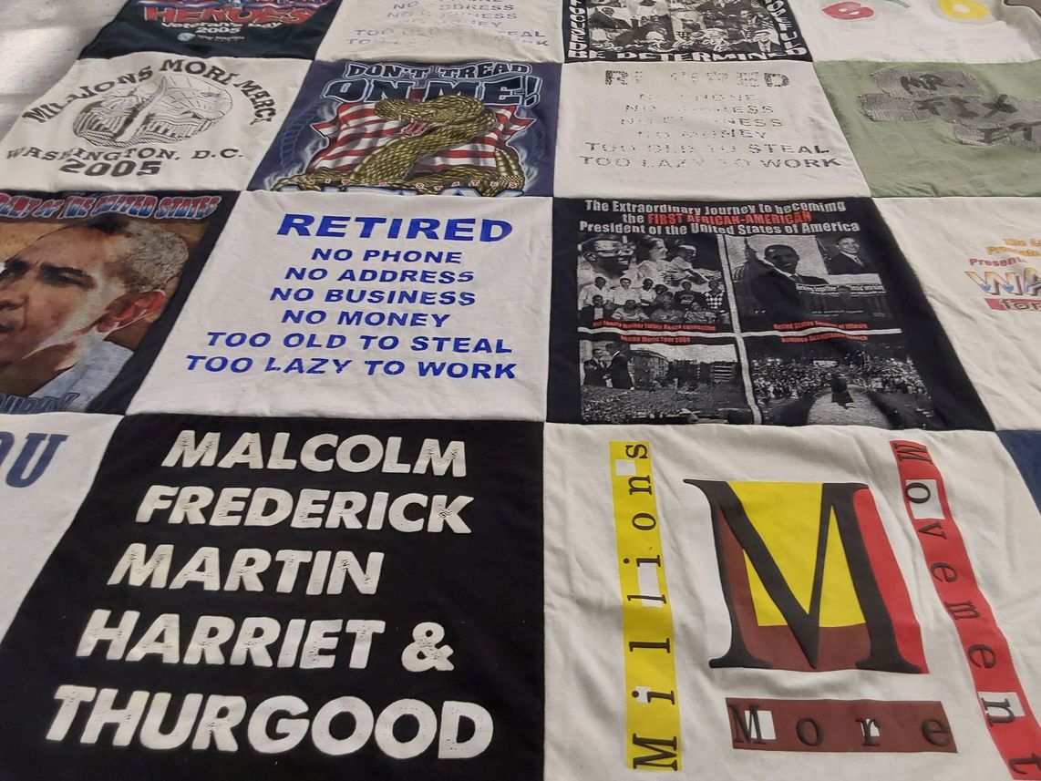 T-shirt quilt with politics, history themes by Yashica from CA