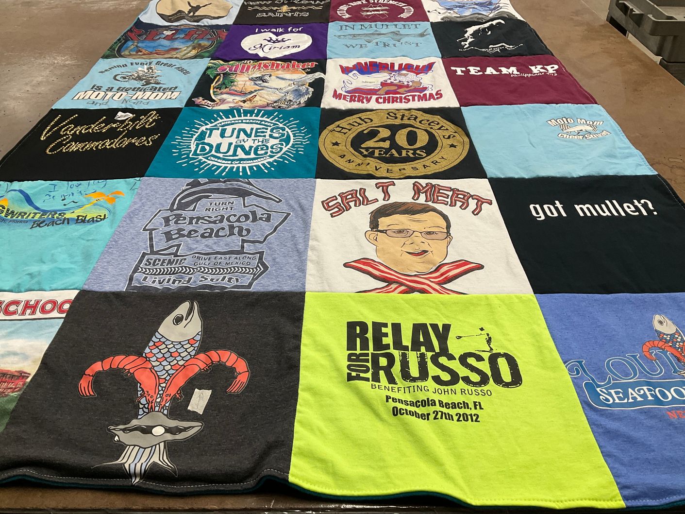 T-shirt quilt with beach, seafood themes by Kathy from FL