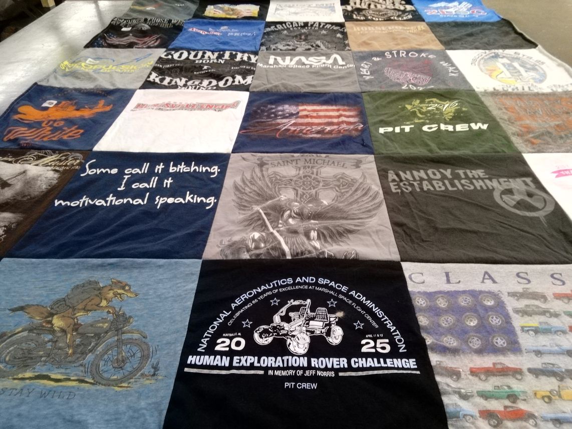 T-shirt quilt with space, motorcycling themes by Leyla from TX