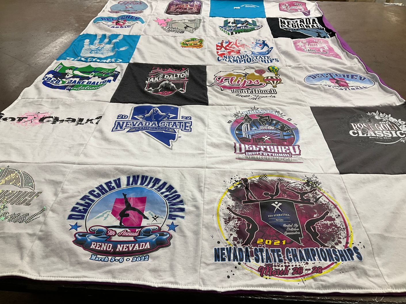 T-shirt quilt with gymnastics, sports themes by Shannon from NV