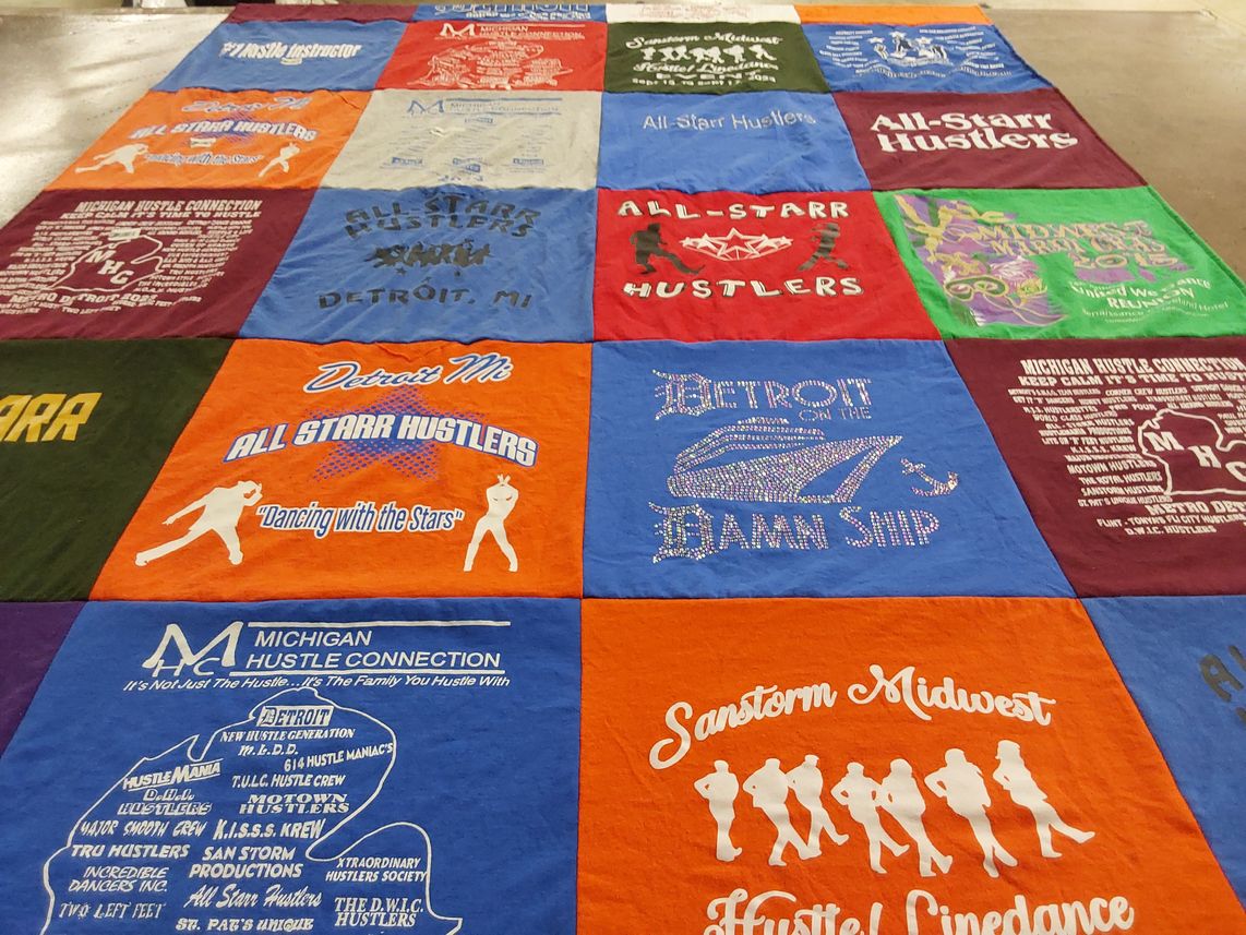 T-shirt quilt with dancing, hustle themes by Selina from MI