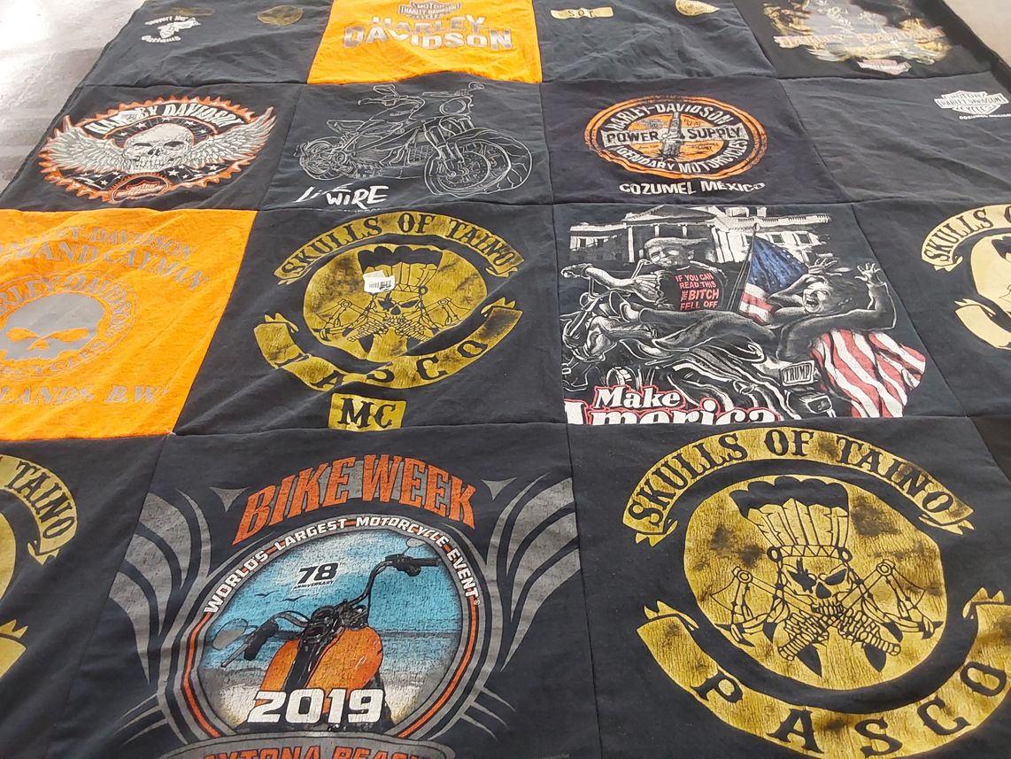 T-shirt quilt with motorcycles, biking themes by Bonnie from FL
