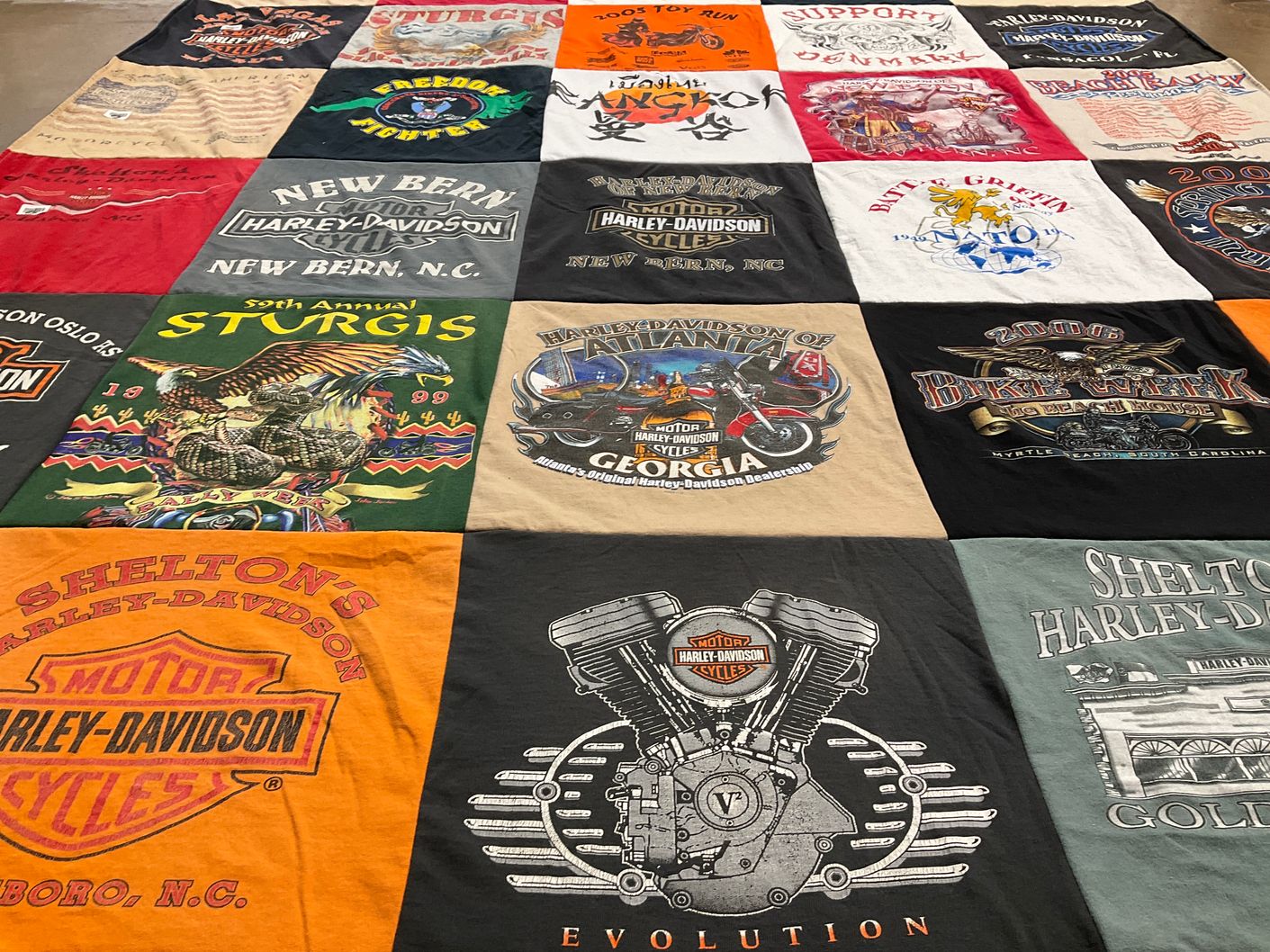 T-shirt quilt with motorcycles, biking themes by Debra from CA