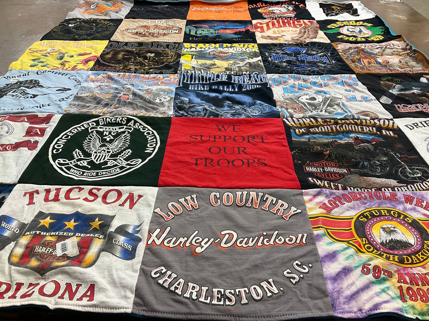 T-shirt quilt with motorcycles, biking themes by Debra from CA