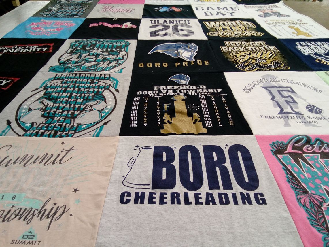 T-shirt quilt featuring freehold high school basketball, boro cheerleading by Andrea from NJ
