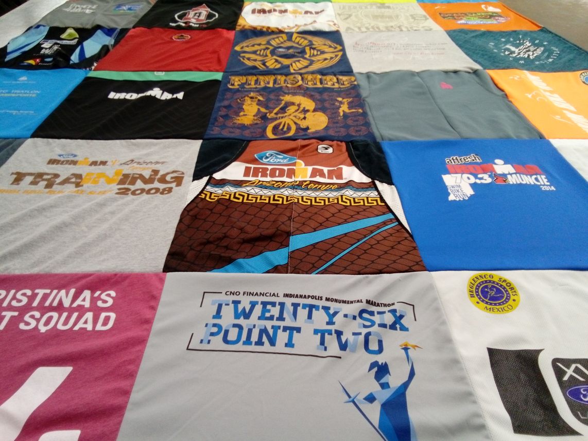 T-shirt quilt with triathlon, marathon themes by Kelly from IN
