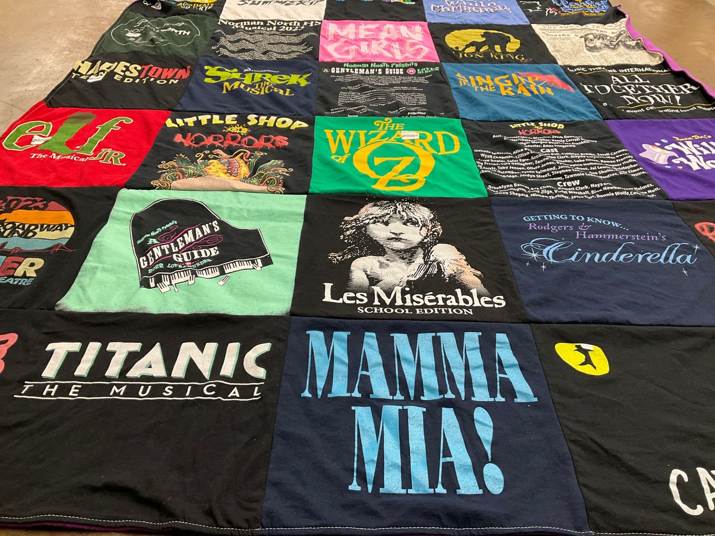 T-shirt quilt with musicals, theater themes by Beth from OK