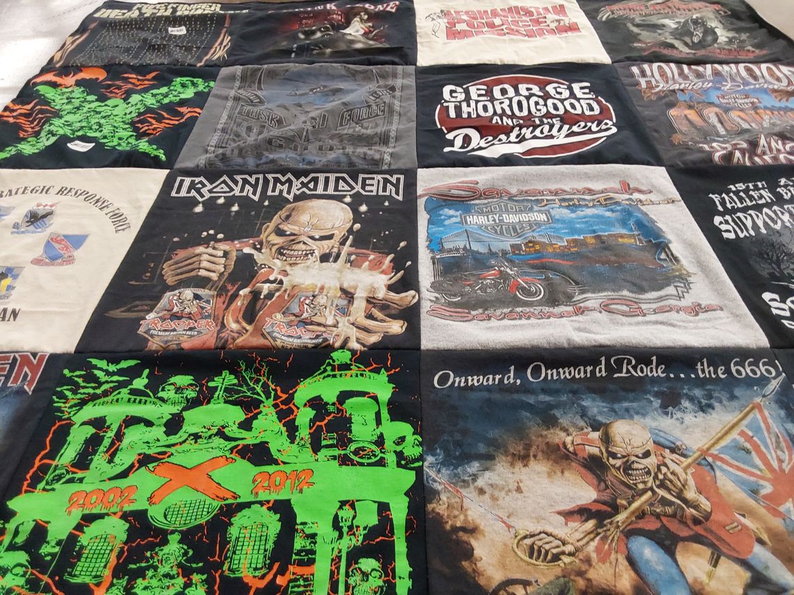T-shirt quilt with music, motorcycles themes by Cecil from OK