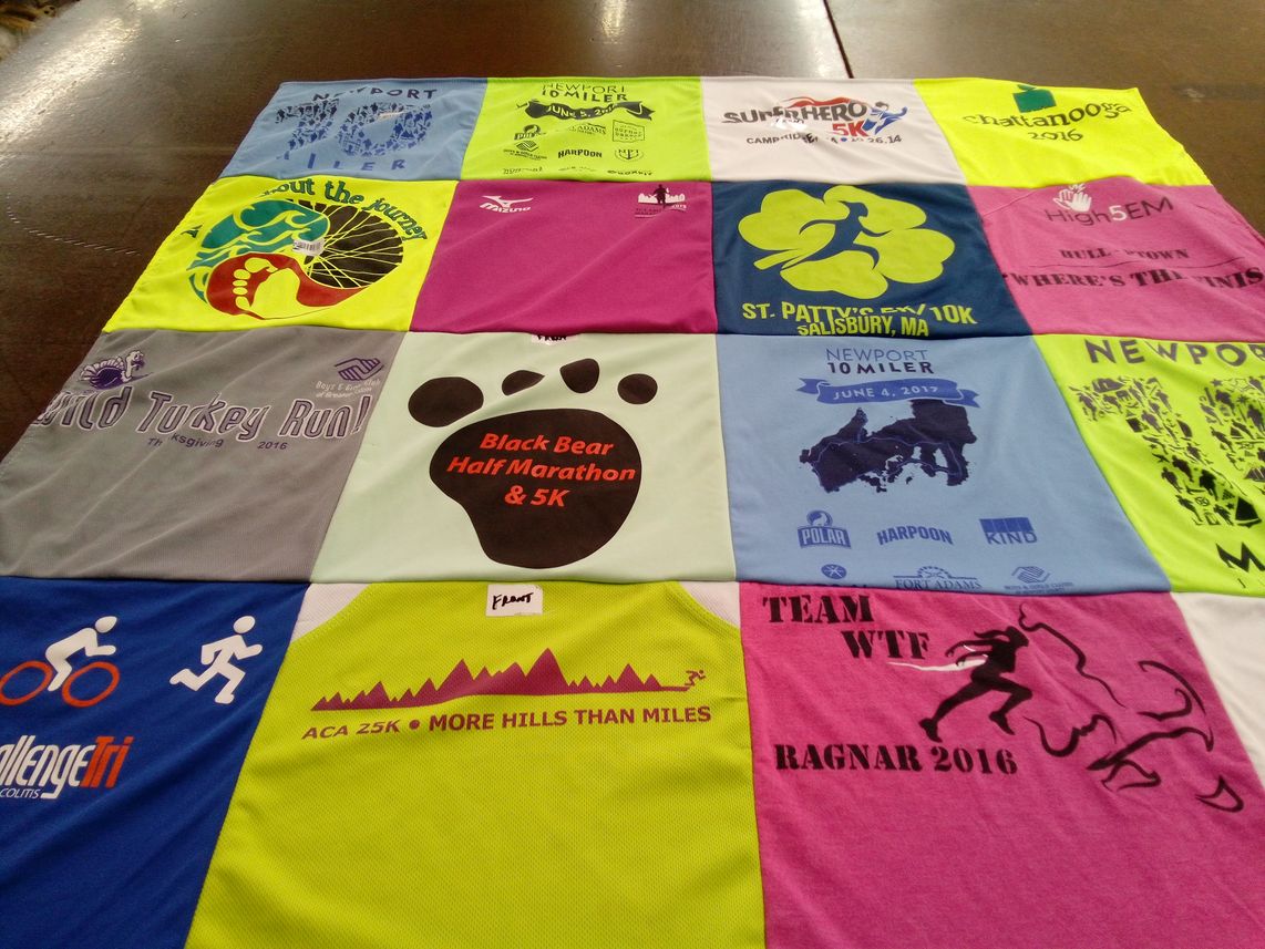 T-shirt quilt with running, fitness themes by Caren from MA