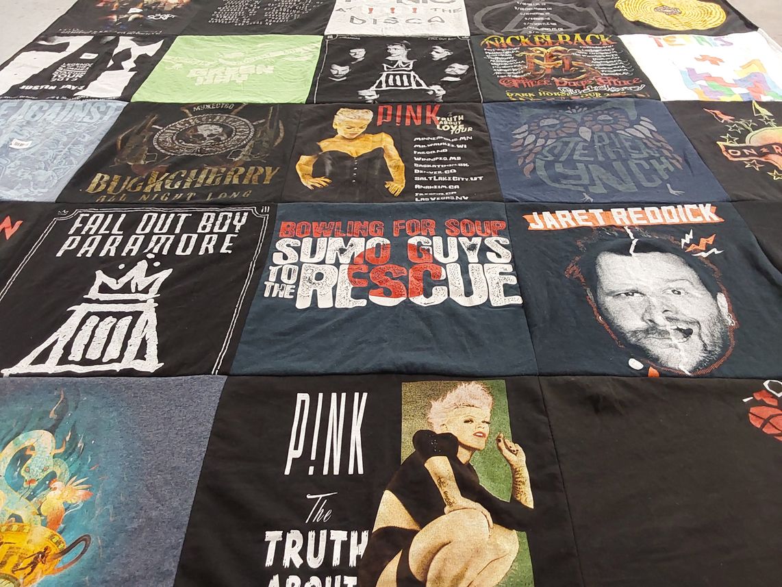 T-shirt quilt with music, concerts themes by Elyse from CA