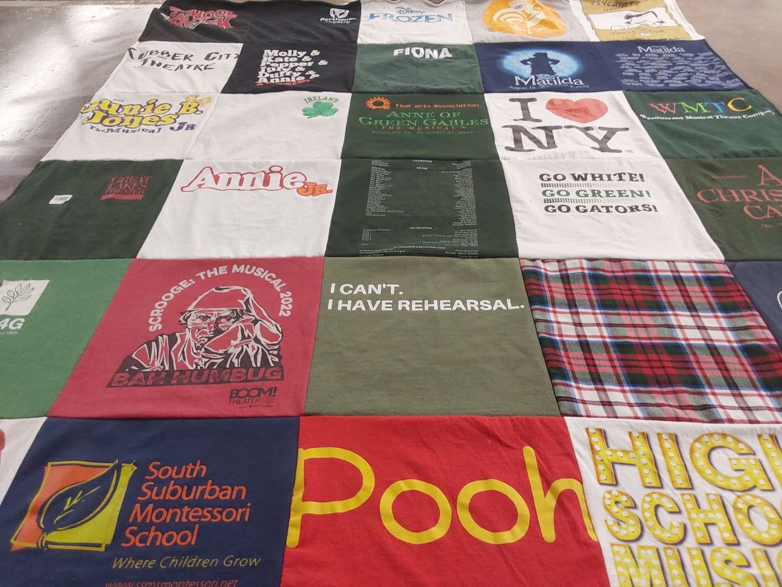 T-shirt quilt with theater, musicals themes by Keith from OH