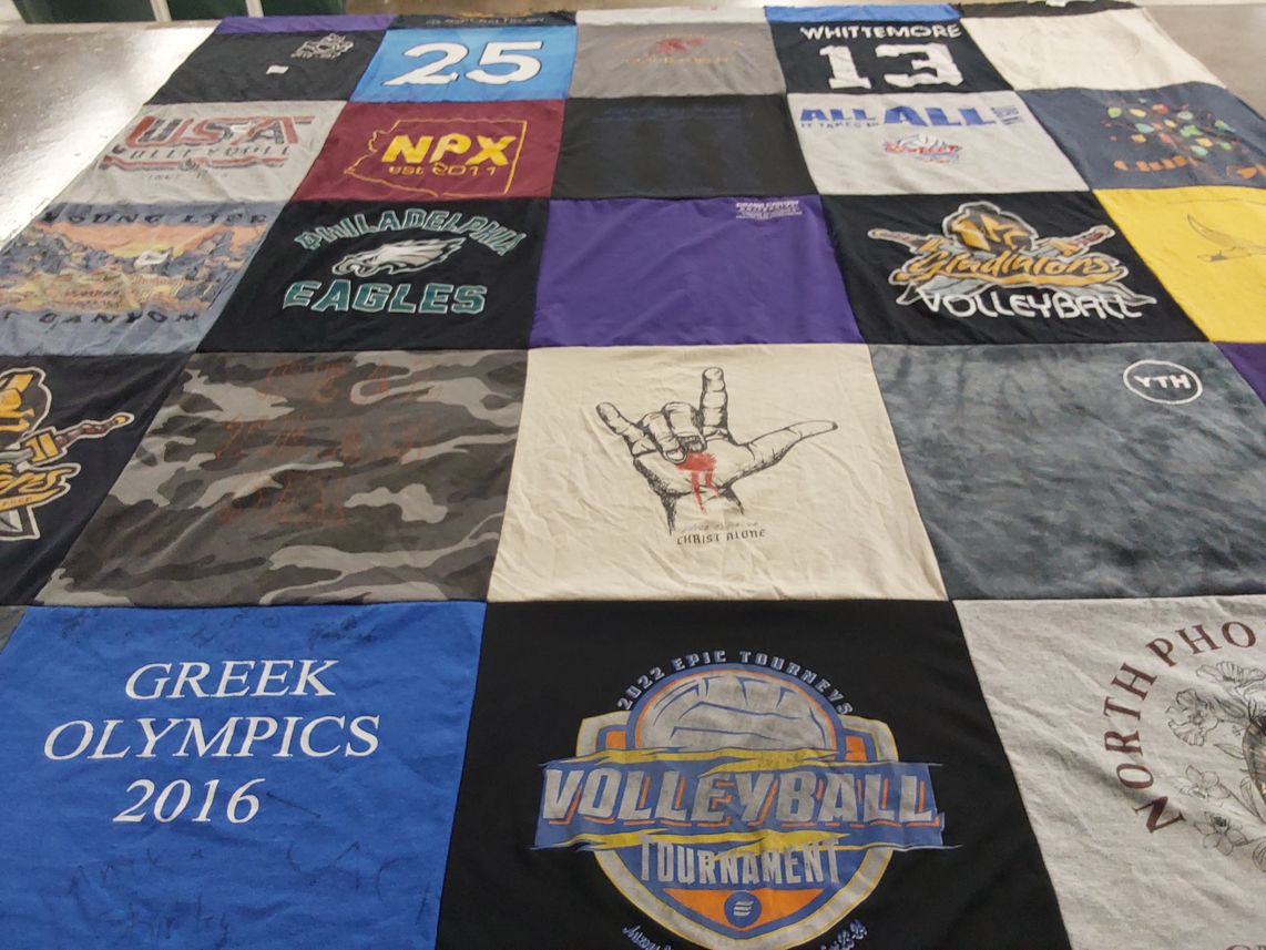 T-shirt quilt with sports, volleyball themes by Nicole from AZ