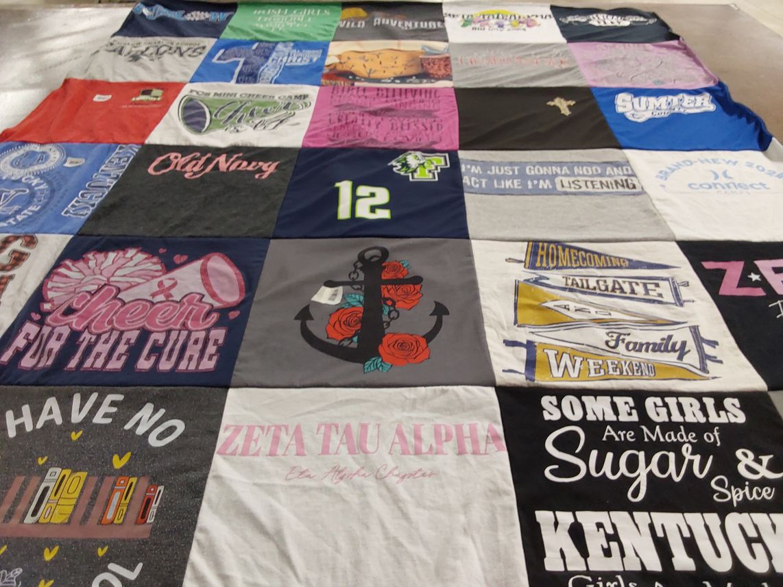 T-shirt quilt with cheerleading, sororities themes by Amy from GA